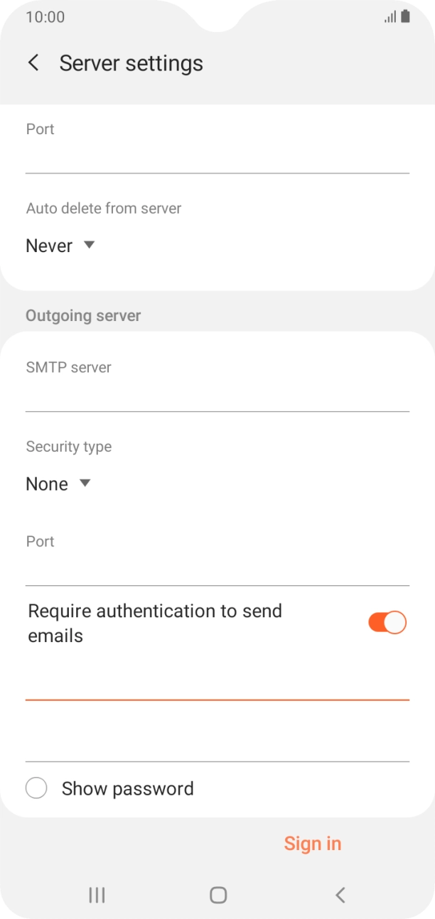 Press the second field below 'Require authentication to send emails' and key in the password for your email provider's outgoing server. Press the second field below 'Require authentication to send emails' and key in the password for your email provider's outgoing server.