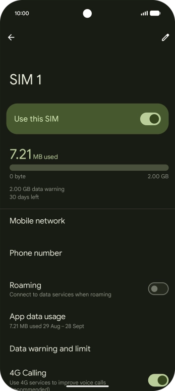 Press the indicator next to 'Roaming' to turn the function on or off.