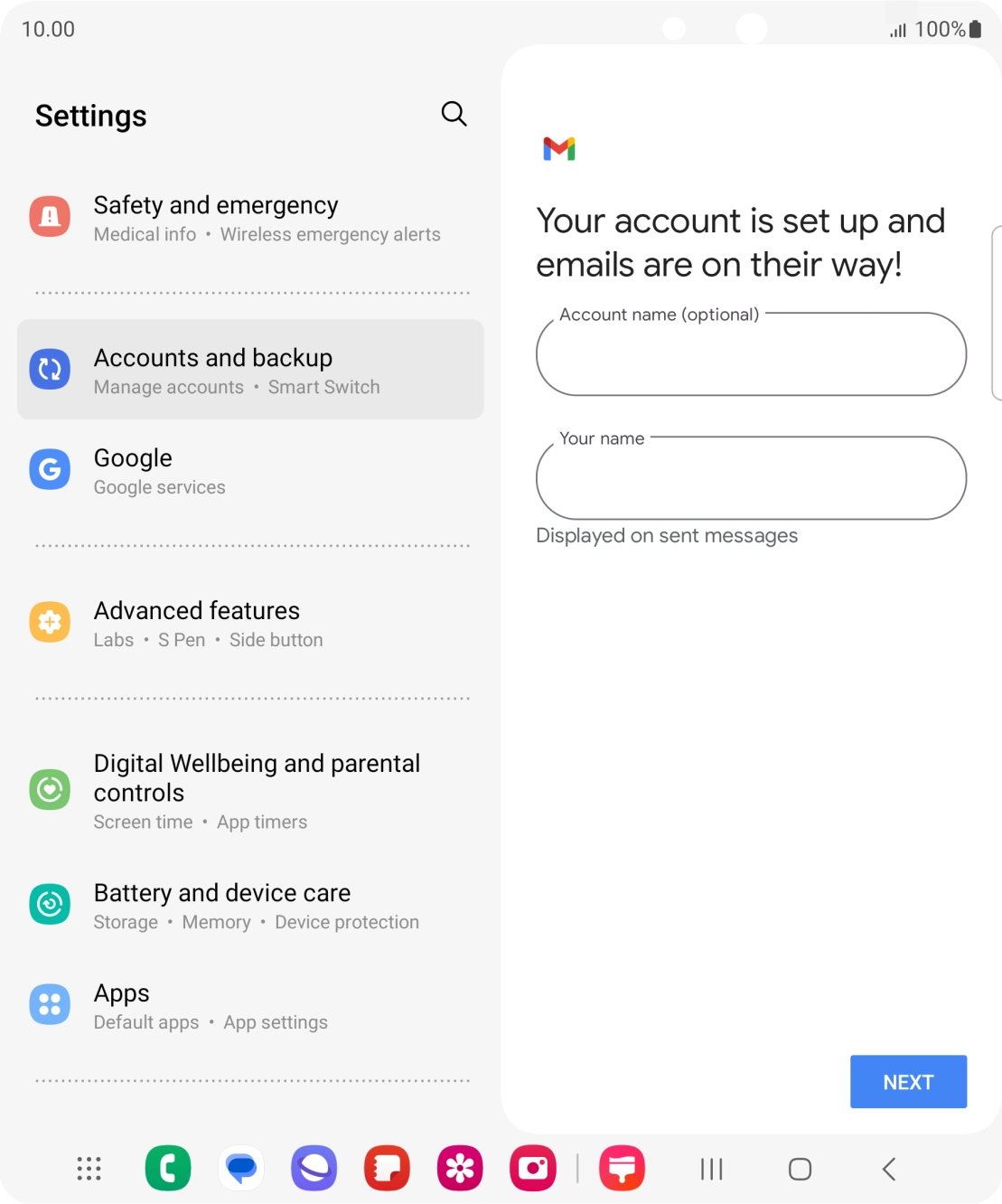 Press the field below 'Account name (optional)' and key in the required name. Press the field below 'Account name (optional)' and key in the required name.
