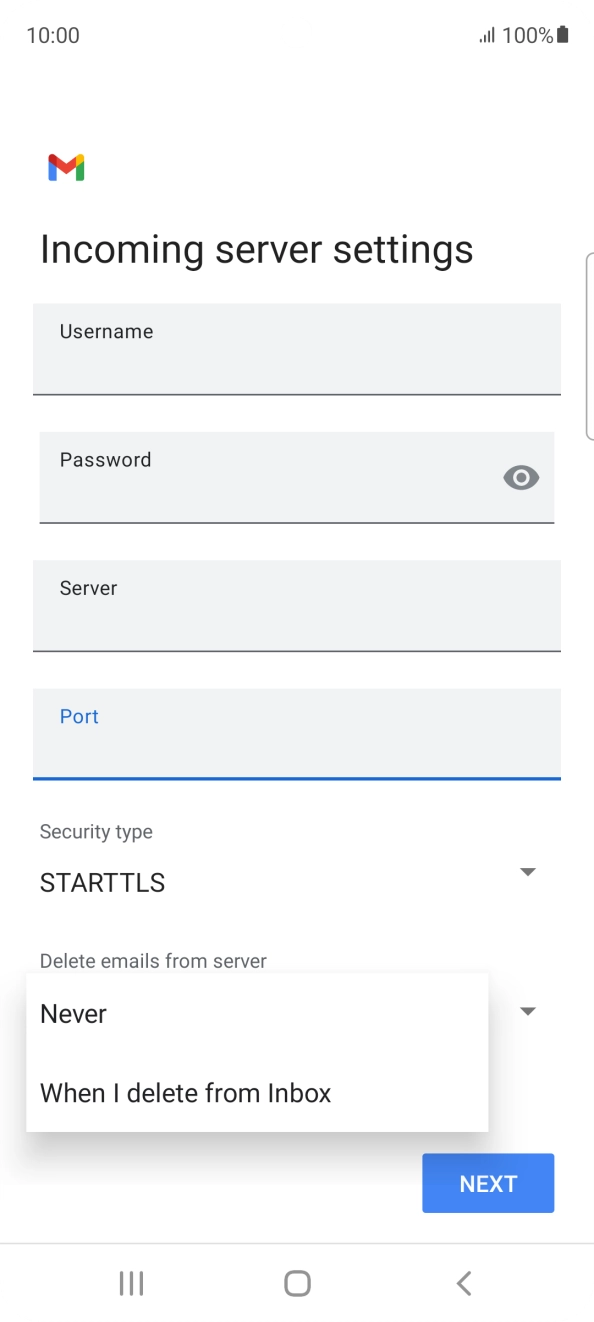 Press Never to keep emails on the server when you delete them on your phone. Press Never to keep emails on the server when you delete them on your phone.