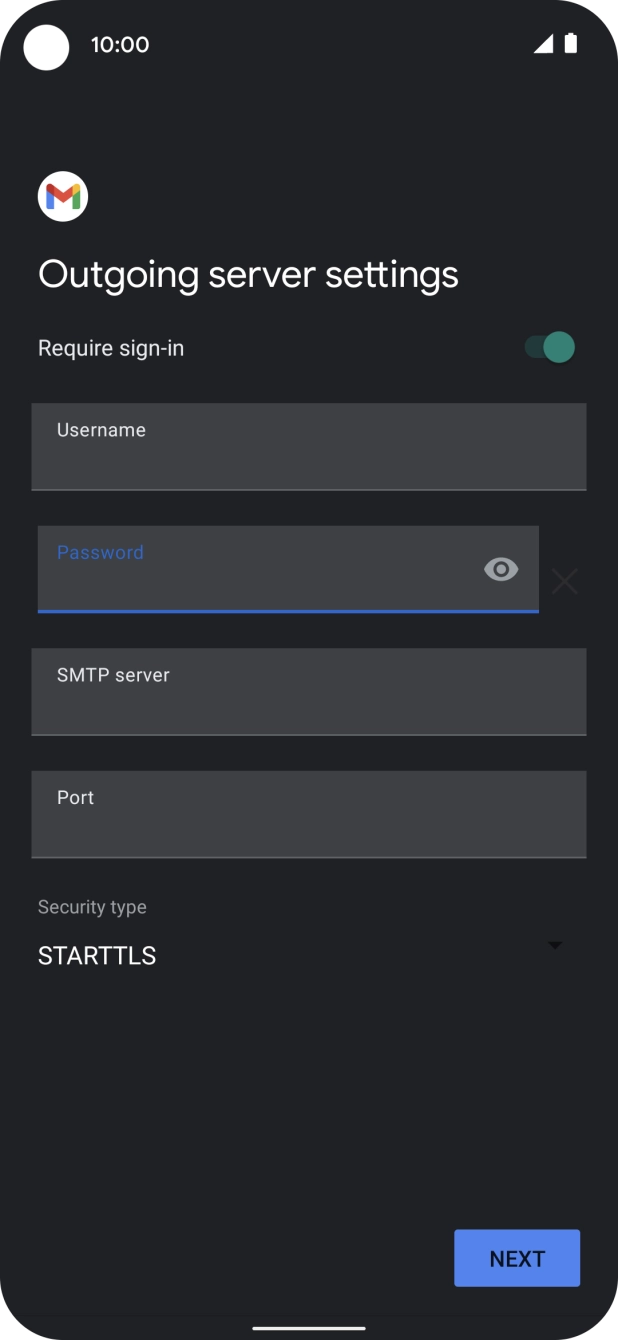 Press the field below 'SMTP server' and key in the name of your email provider's outgoing server. Press the field below 'SMTP server' and key in the name of your email provider's outgoing server.
