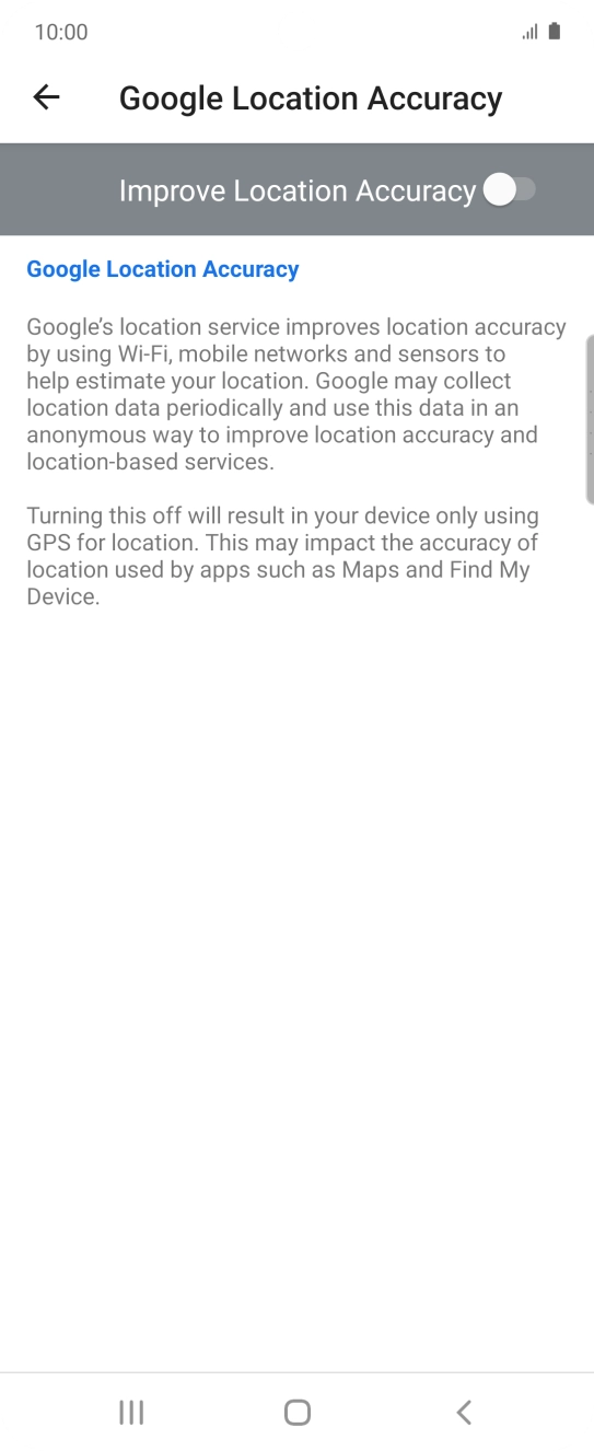 If you press the indicator next to 'Improve Location Accuracy' to turn on the function, your phone can find your exact position using the GPS satellites, the mobile network and nearby WiFi networks. Satellite-based GPS requires a clear view of the sky.