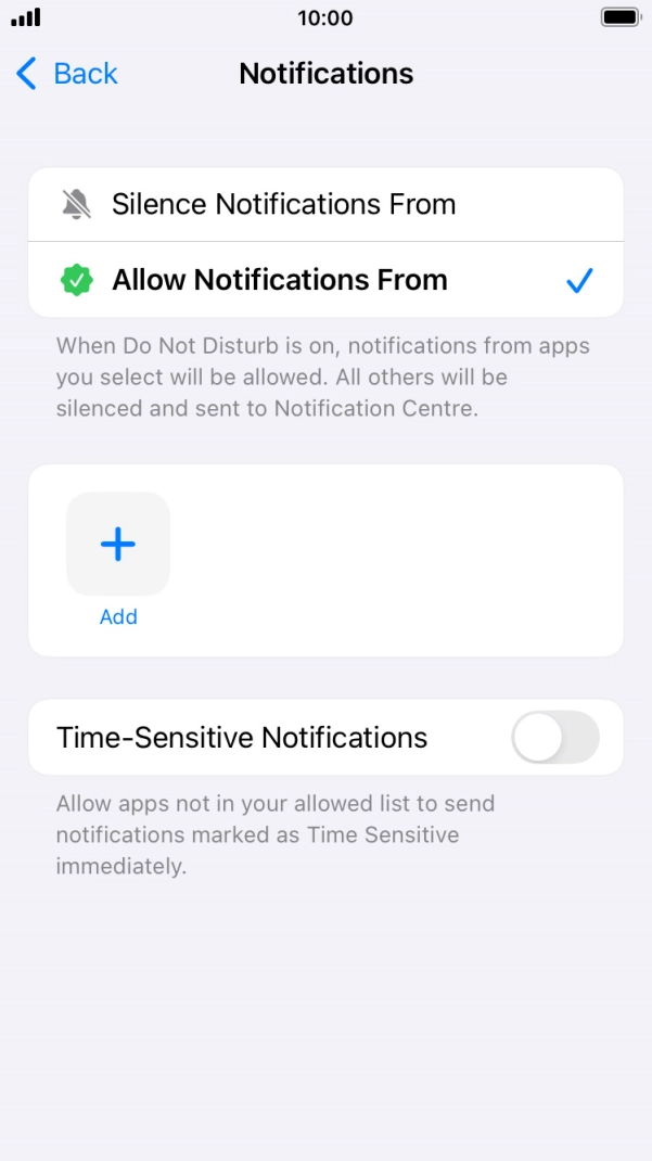 Press the indicator next to 'Time-Sensitive Notifications' to turn display of timed notifications on or off when Do Not Disturb is turned on. Press the indicator next to 'Time-Sensitive Notifications' to turn display of timed notifications on or off when Do Not Disturb is turned on.