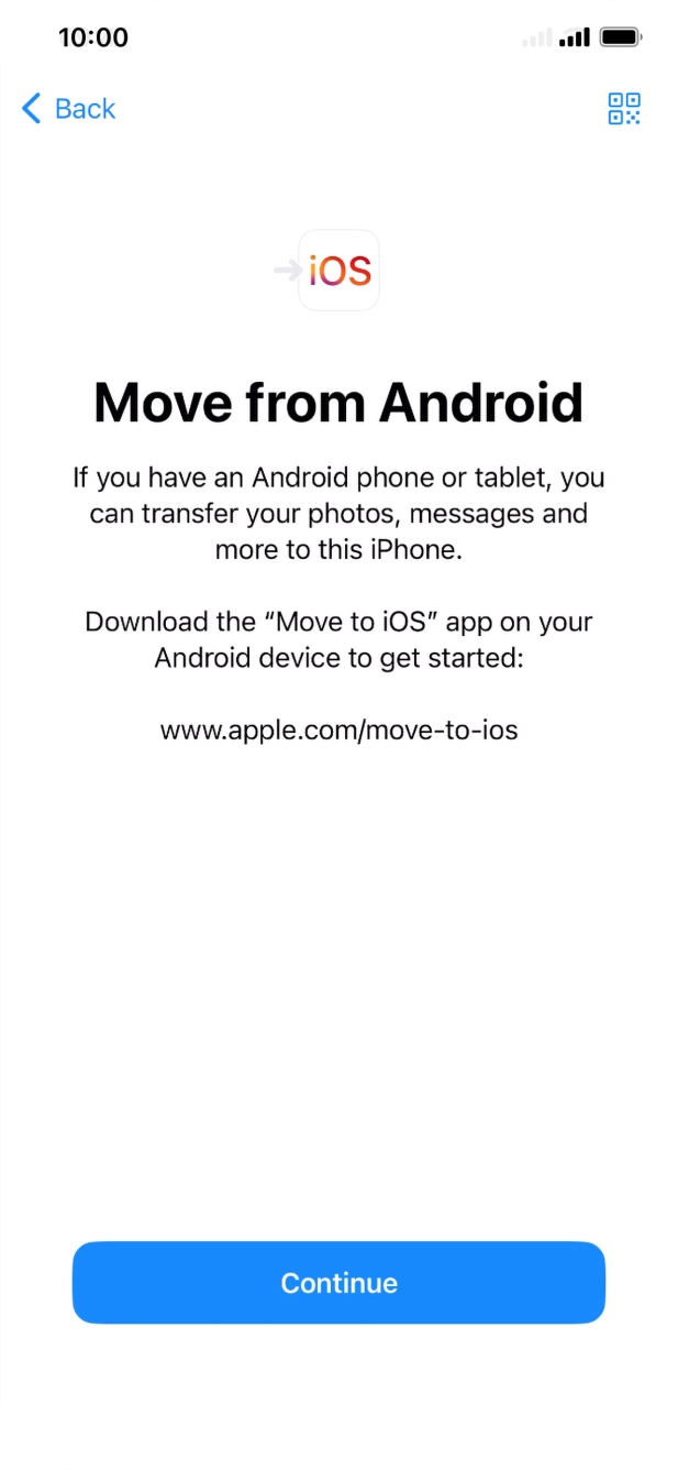 To transfer content to your phone, you need to install the app 'Move to iOS' on the Android phone. When the app is installed, press Continue.