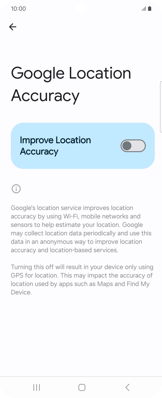 If you press the indicator next to 'Improve Location Accuracy' to turn on the function, your phone can find your exact position using the GPS satellites, the mobile network and nearby WiFi networks. Satellite-based GPS requires a clear view of the sky.