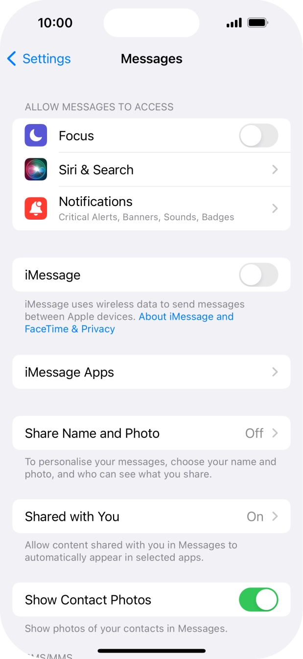 Press the indicator next to 'iMessage' to turn on the function.