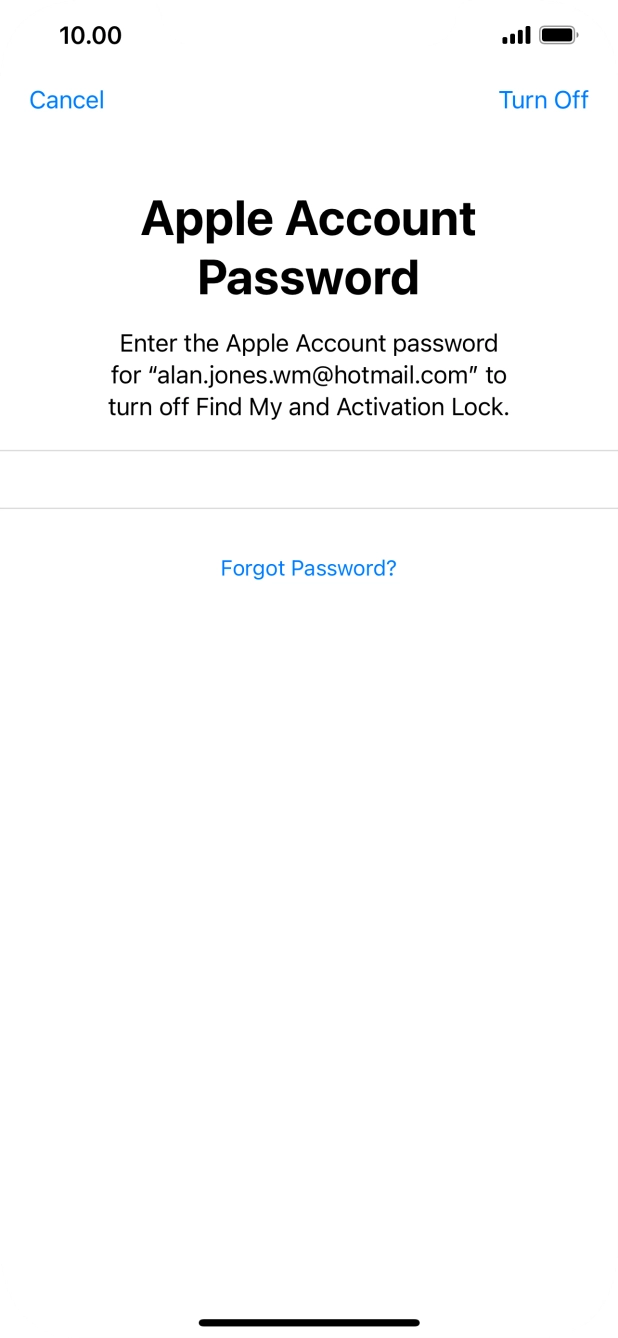 Key in the password for your Apple ID and press Turn Off. Wait a moment while the factory default settings are restored. Follow the instructions on the screen to set up your phone and prepare it for use.