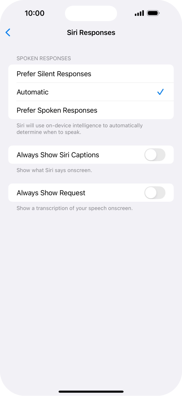 Press the required setting.