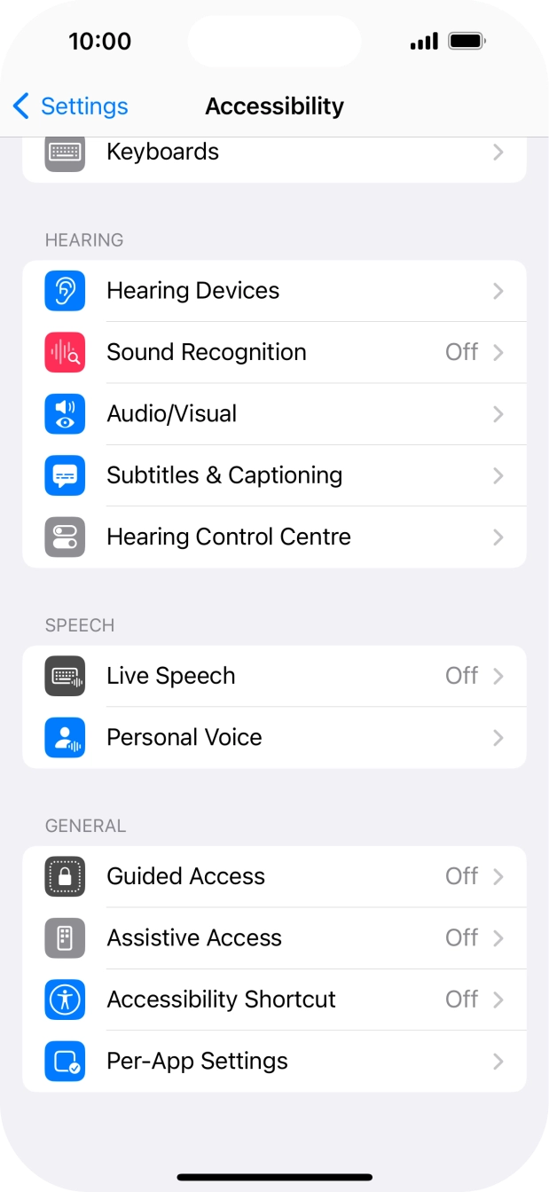 Press the required category below 'HEARING' and follow the instructions on the screen to select the required settings.