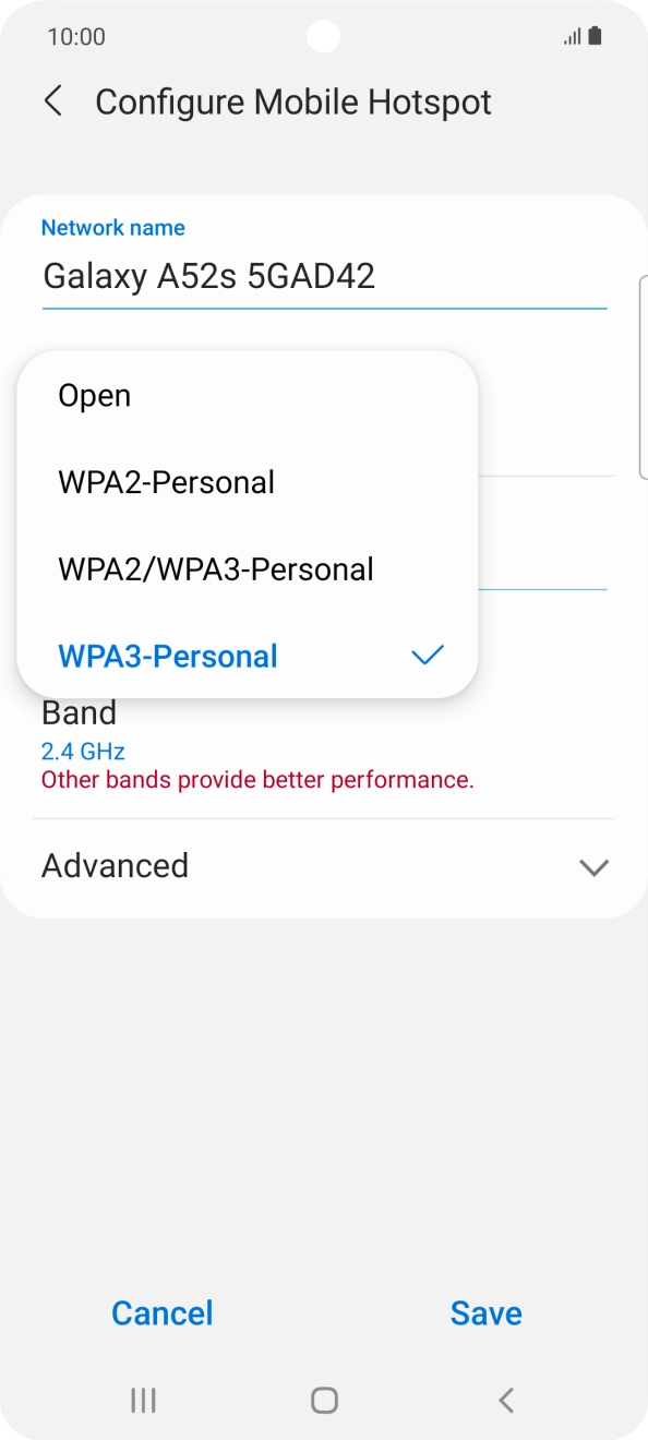 Press WPA3-Personal to password protect your WiFi hotspot. Press WPA3-Personal to password protect your WiFi hotspot.