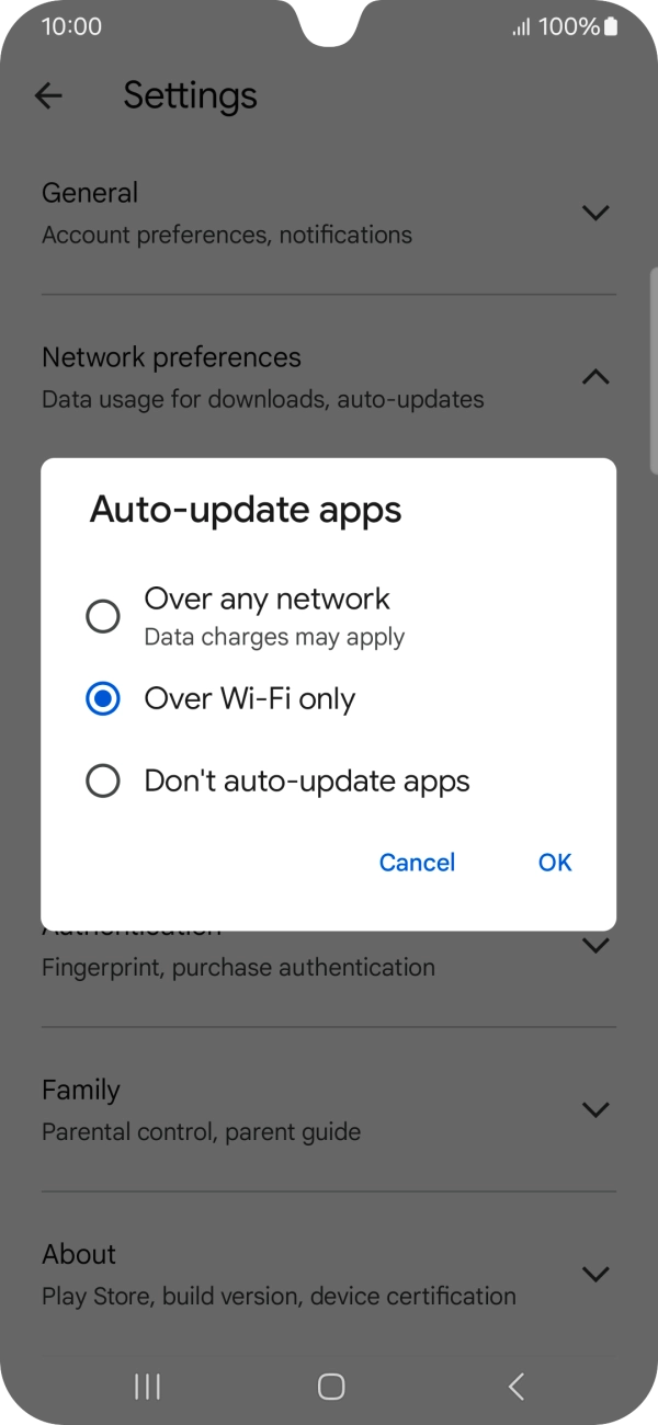 To turn on automatic update of apps using mobile network, press Over any network.