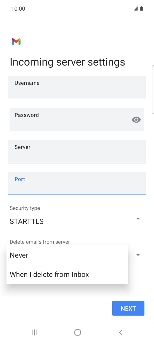 Press Never to keep emails on the server when you delete them on your phone. Press Never to keep emails on the server when you delete them on your phone.