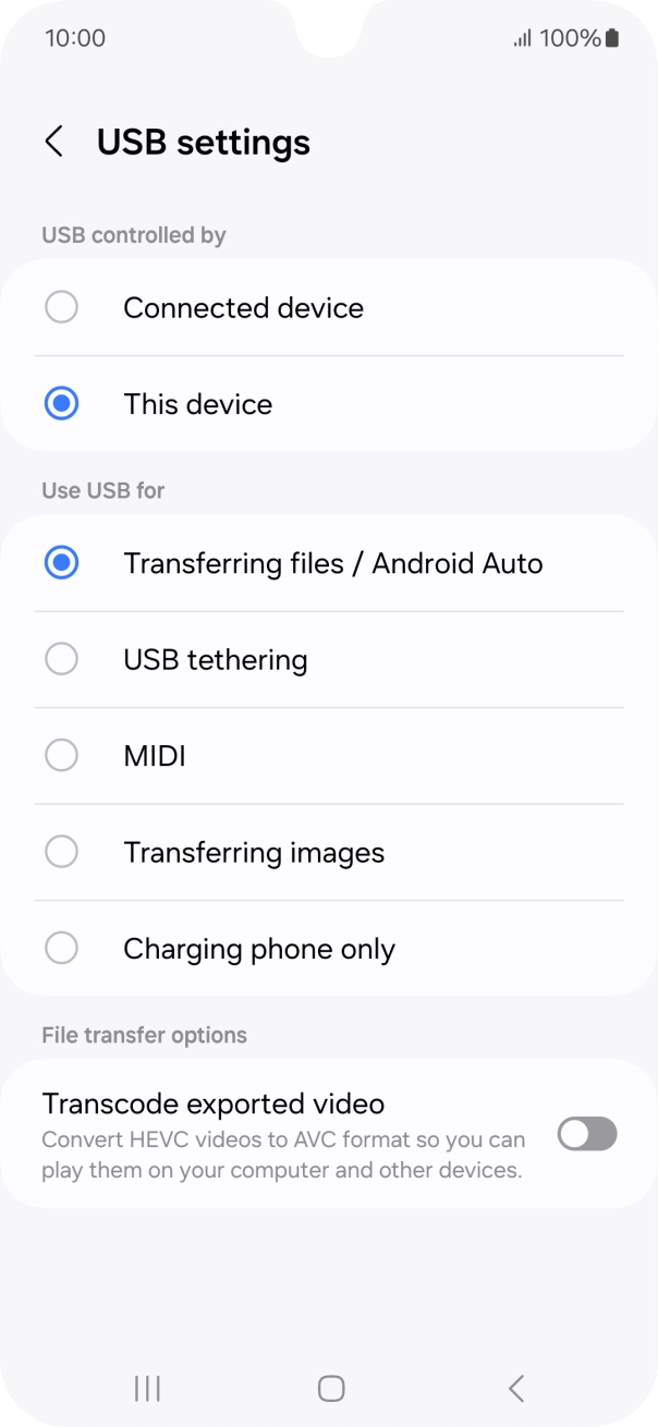 Press Transferring files / Android Auto. Press Transferring files / Android Auto.