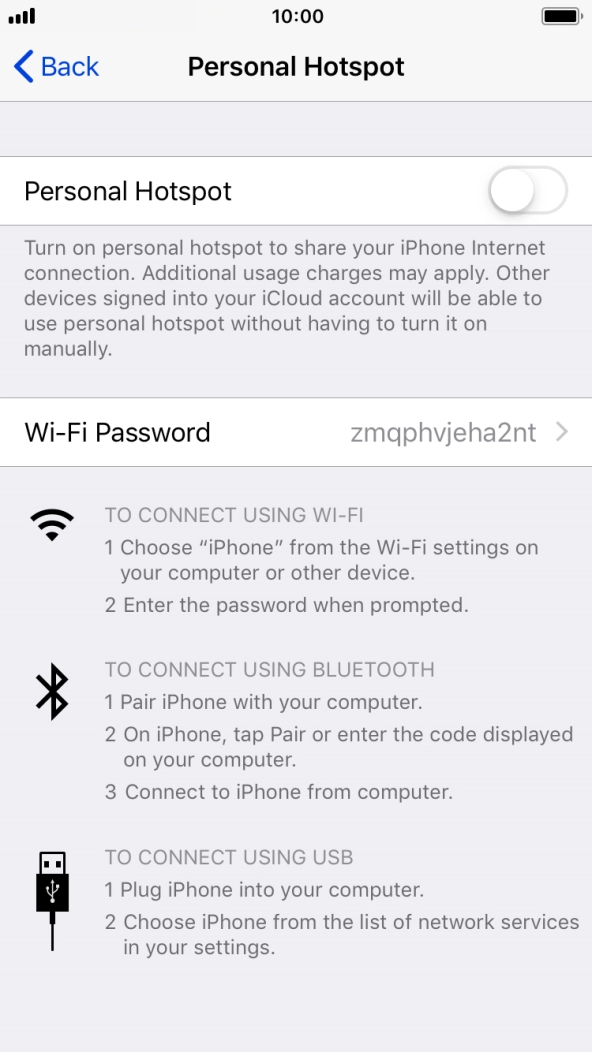 Press the indicator next to 'Personal Hotspot' to turn on the function.