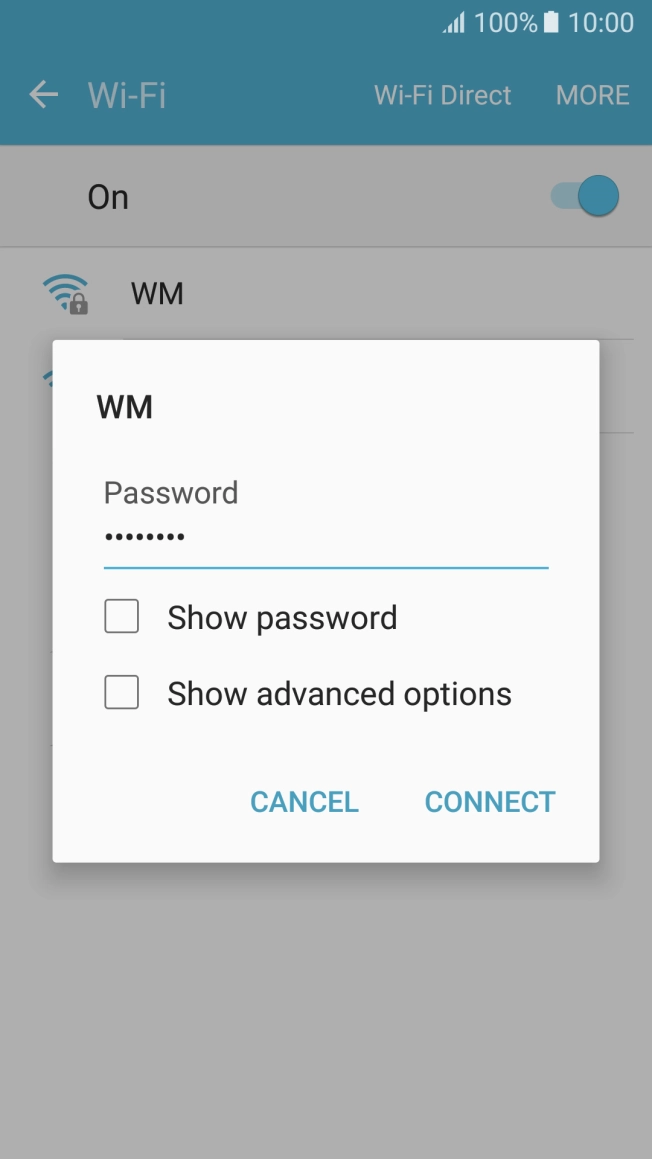 Key in the password for the WiFi network and press CONNECT.