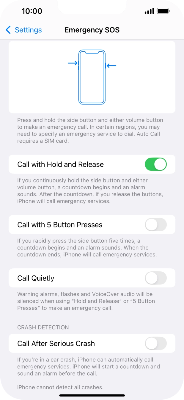 Press the indicator next to 'Call After Serious Crash' to turn on the function.