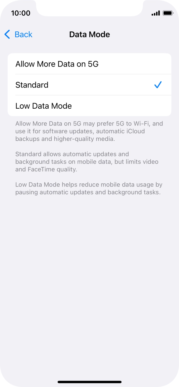 Press the required setting.