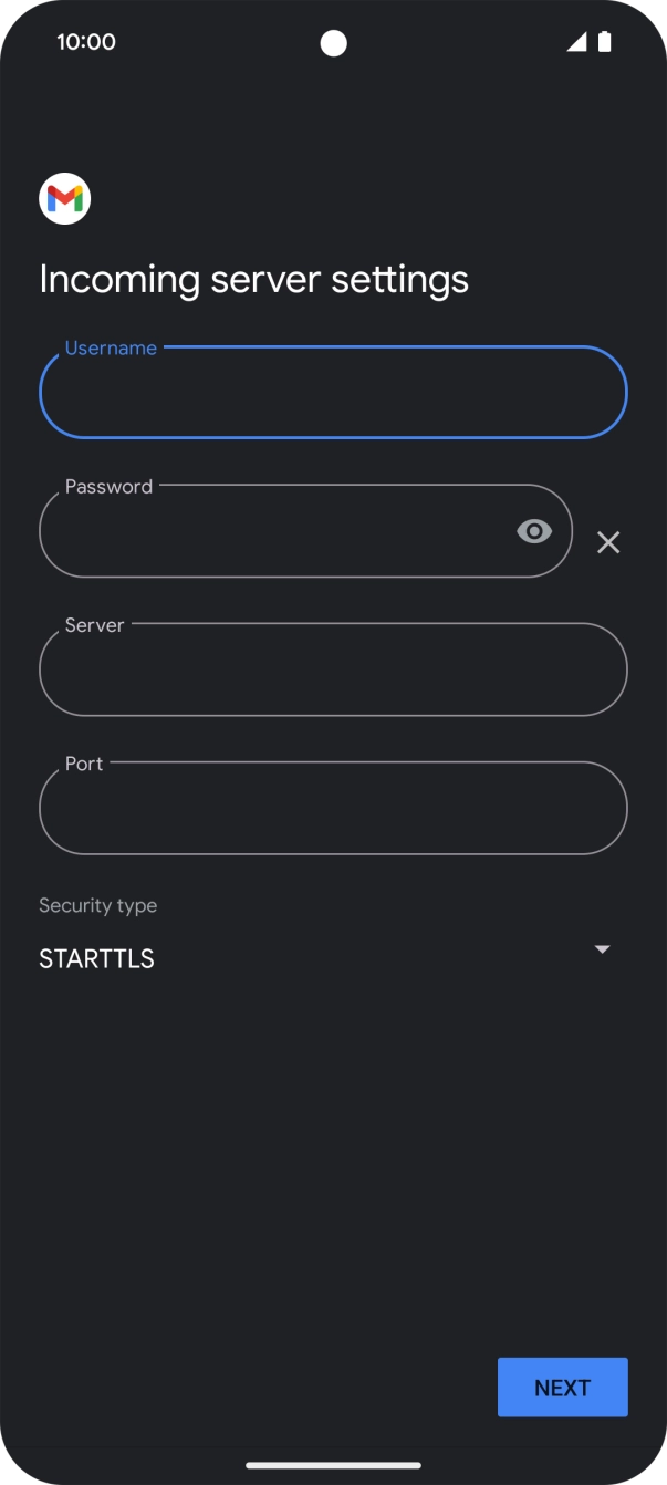 Press the field below 'Server' and key in the name of your email provider's incoming server. Press the field below 'Server' and key in the name of your email provider's incoming server.