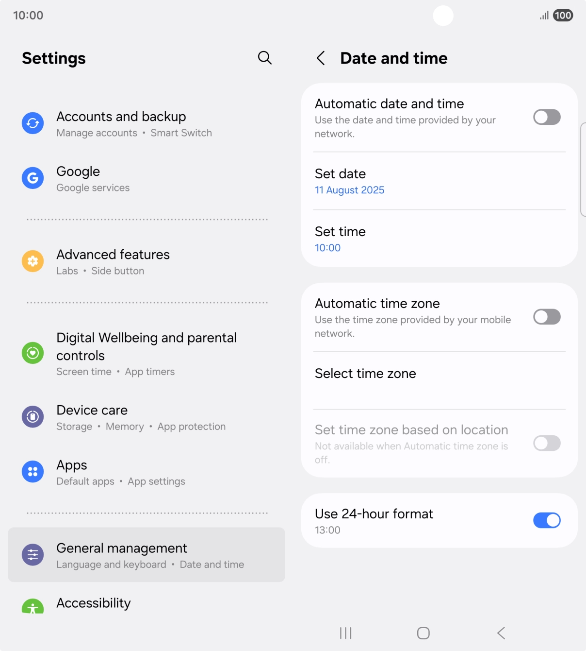 Press the indicator next to 'Automatic date and time' to turn on the function.