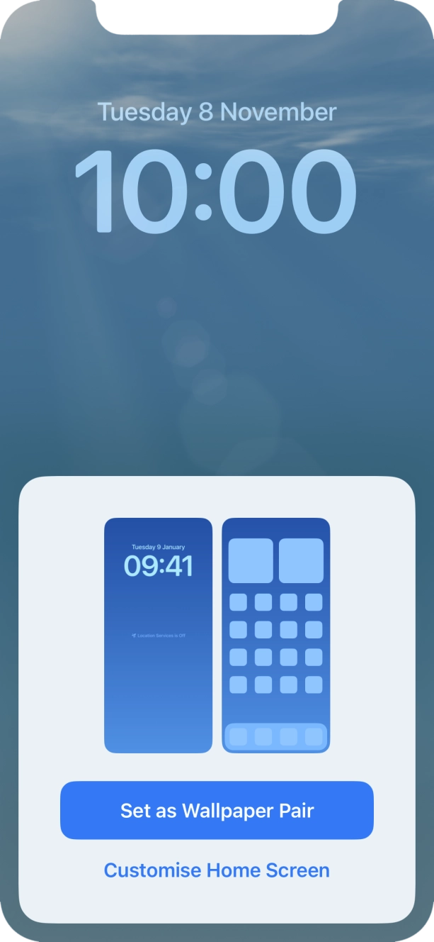To use the same colour theme on the home screen, press Set as Wallpaper Pair. To use the same colour theme on the home screen, press Set as Wallpaper Pair.