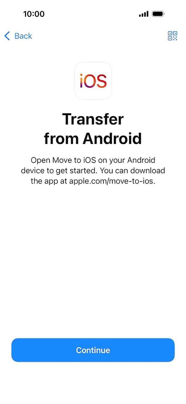 To transfer content to your phone, you need to install the app 'Move to iOS' on the Android phone. When the app is installed, press Continue.