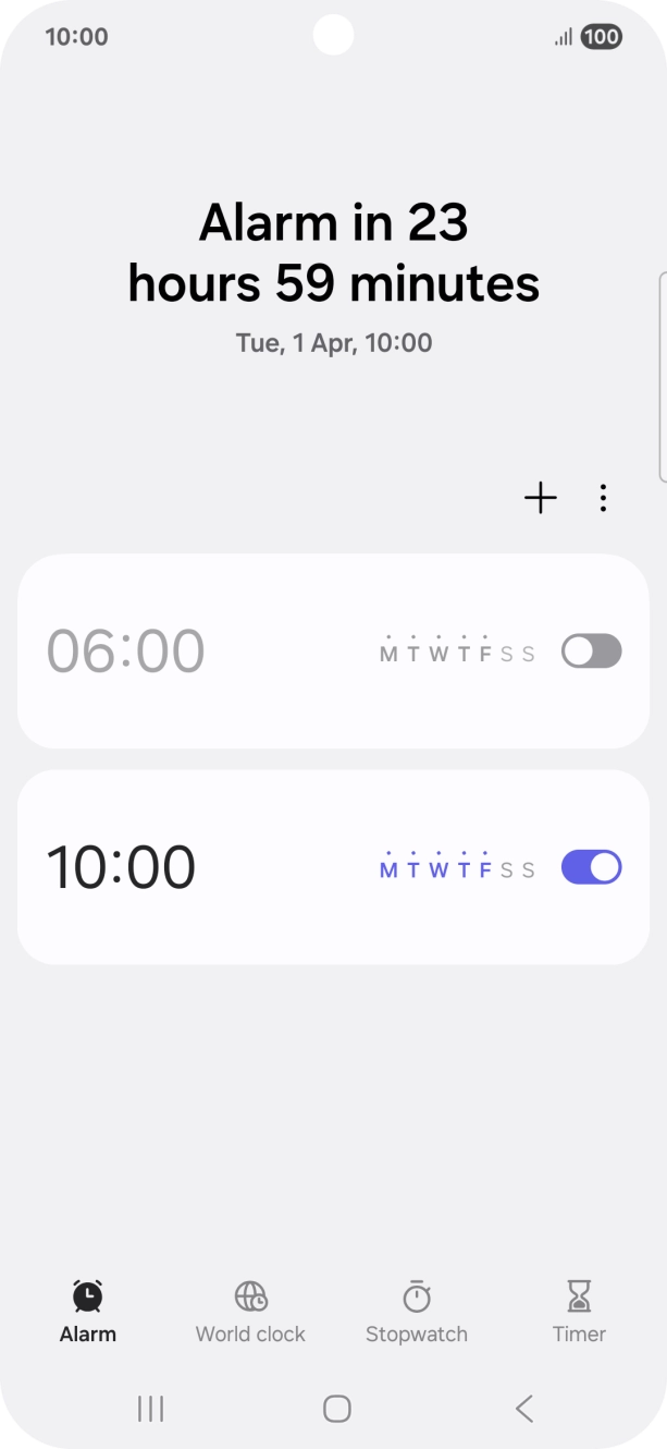 Press the indicator next to the required alarm to turn the alarm on or off.