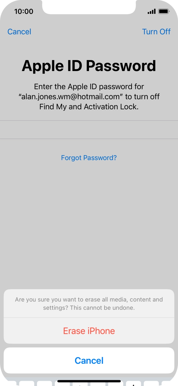 Key in the password for your Apple ID and press Erase iPhone. Wait a moment while the factory default settings are restored. Follow the instructions on the screen to set up your phone and prepare it for use.