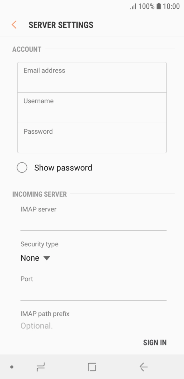 Press the field below 'Username' and key in the username for your email account. Press the field below 'Username' and key in the username for your email account.