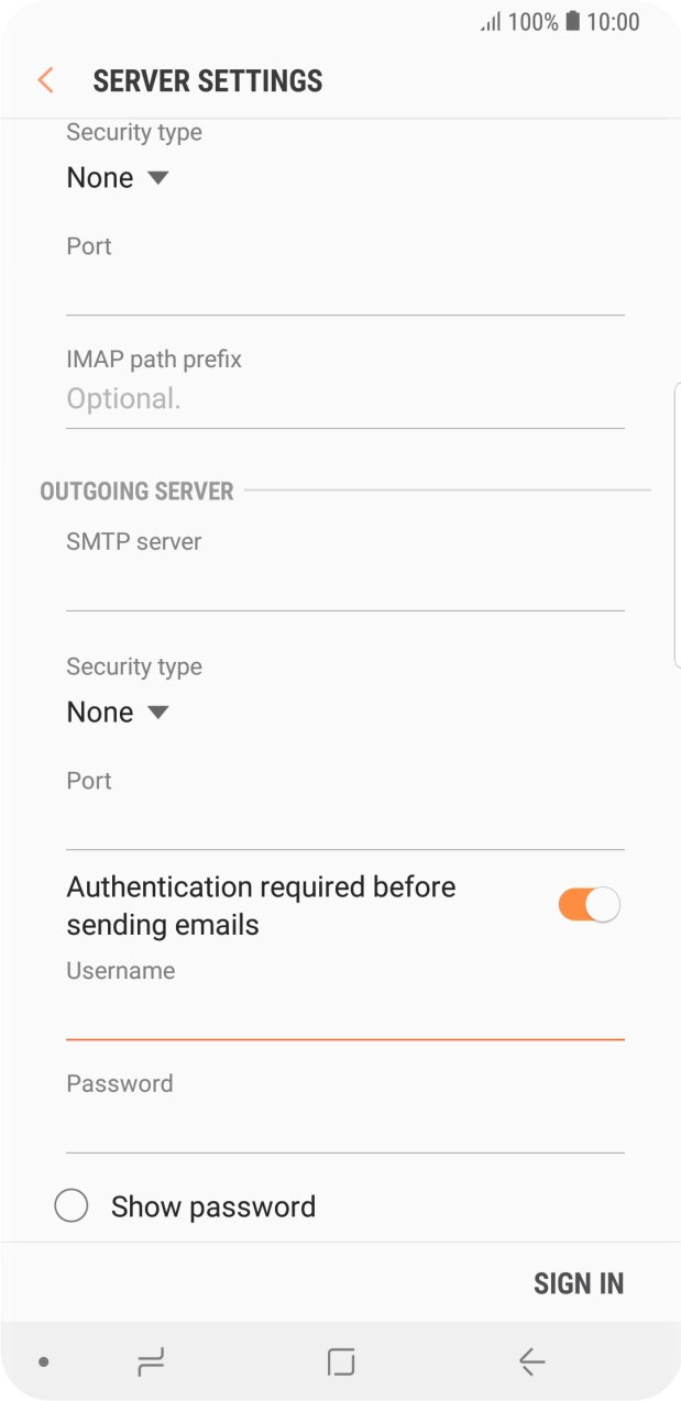 Press the field below 'Password' and key in the password of your email provider's outgoing server.