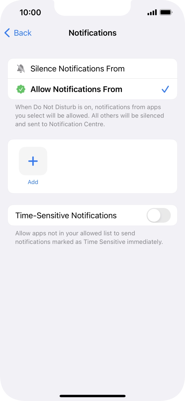 Press the indicator next to 'Time-Sensitive Notifications' to turn display of timed notifications on or off when Do Not Disturb is turned on. Press the indicator next to 'Time-Sensitive Notifications' to turn display of timed notifications on or off when Do Not Disturb is turned on.