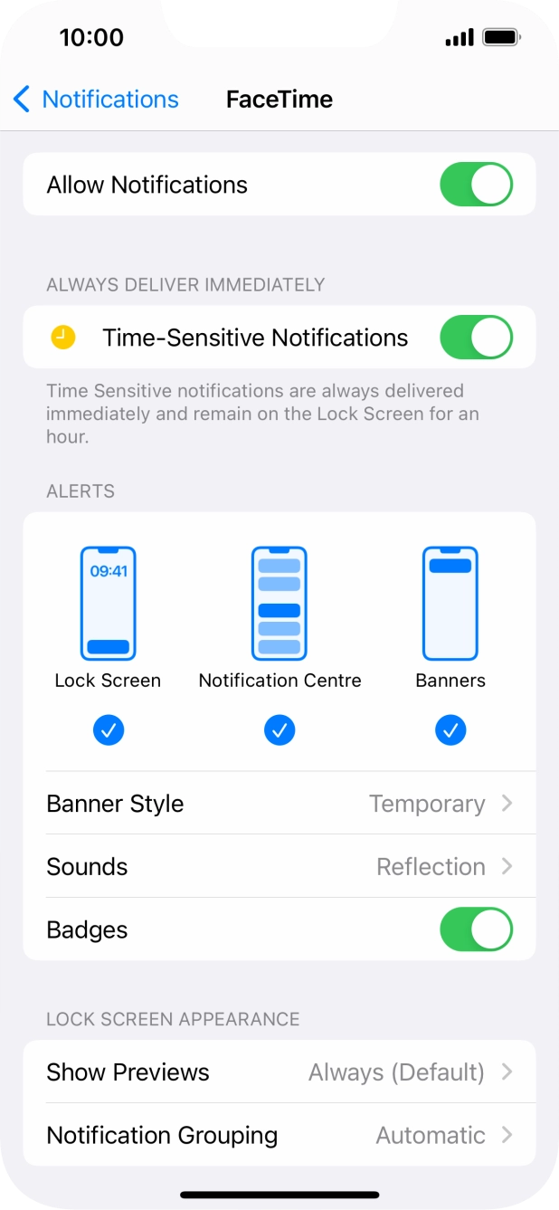 Press the indicator next to 'Allow Notifications' to turn notifications for the selected application on or off. Press the indicator next to 'Allow Notifications' to turn notifications for the selected application on or off.