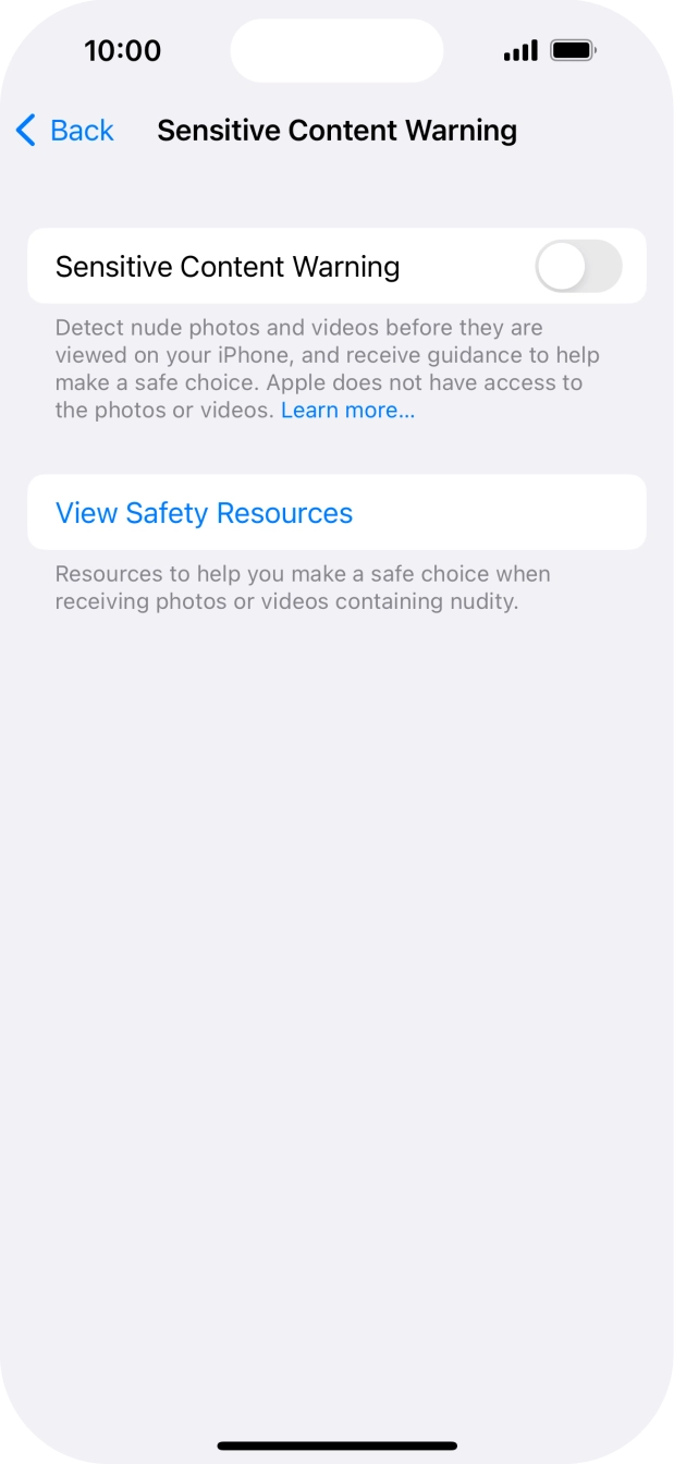 Press the indicator next to 'Sensitive Content Warning' to turn the function on or off. Press the indicator next to 'Sensitive Content Warning' to turn the function on or off.