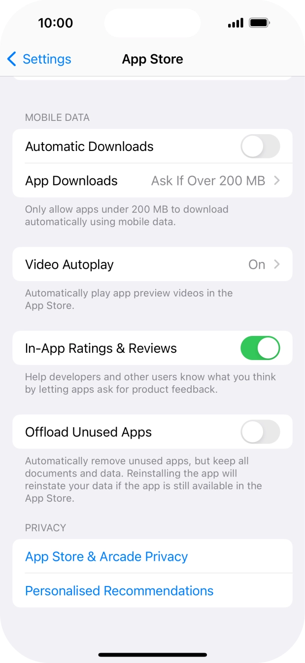 Press the indicator next to 'Offload Unused Apps' to turn the function on or off. Press the indicator next to 'Offload Unused Apps' to turn the function on or off.