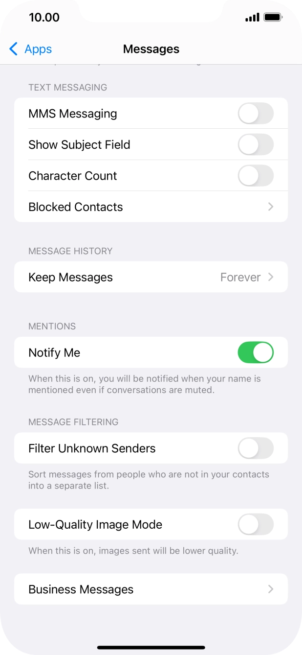 Press the indicator next to 'MMS Messaging' to turn on the function. Press the indicator next to 'MMS Messaging' to turn on the function.