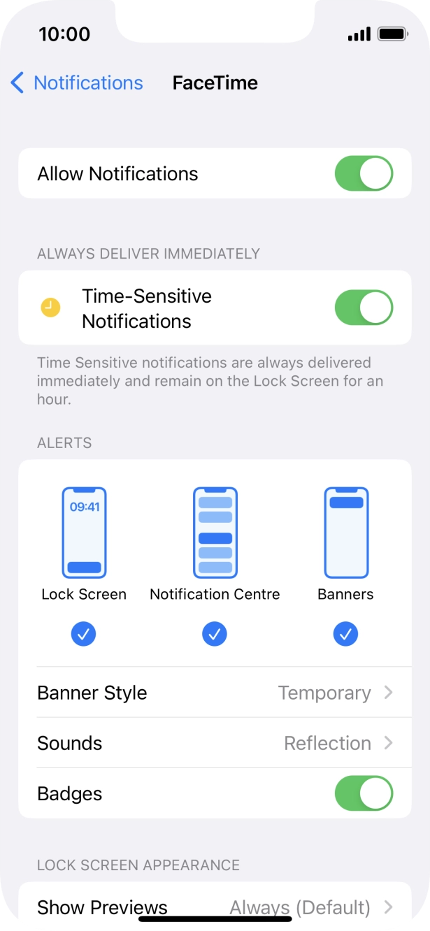 Press the indicator next to 'Allow Notifications' to turn notifications for the selected application on or off. Press the indicator next to 'Allow Notifications' to turn notifications for the selected application on or off.