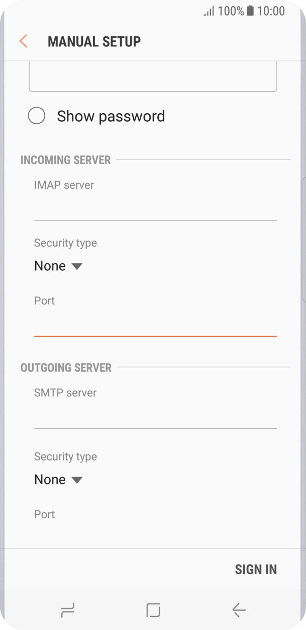 Press the field below 'SMTP server' and key in the name of your email provider's outgoing server. Press the field below 'SMTP server' and key in the name of your email provider's outgoing server.
