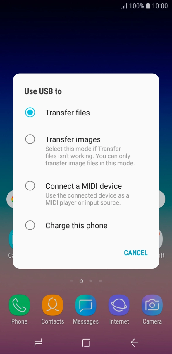 Press Transfer files to turn on the function. Press Transfer files to turn on the function.