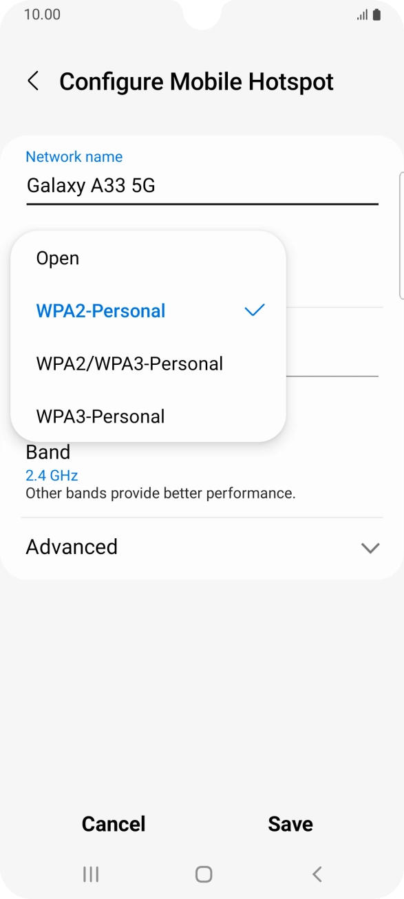 Press WPA3-Personal to password protect your WiFi hotspot. Press WPA3-Personal to password protect your WiFi hotspot.