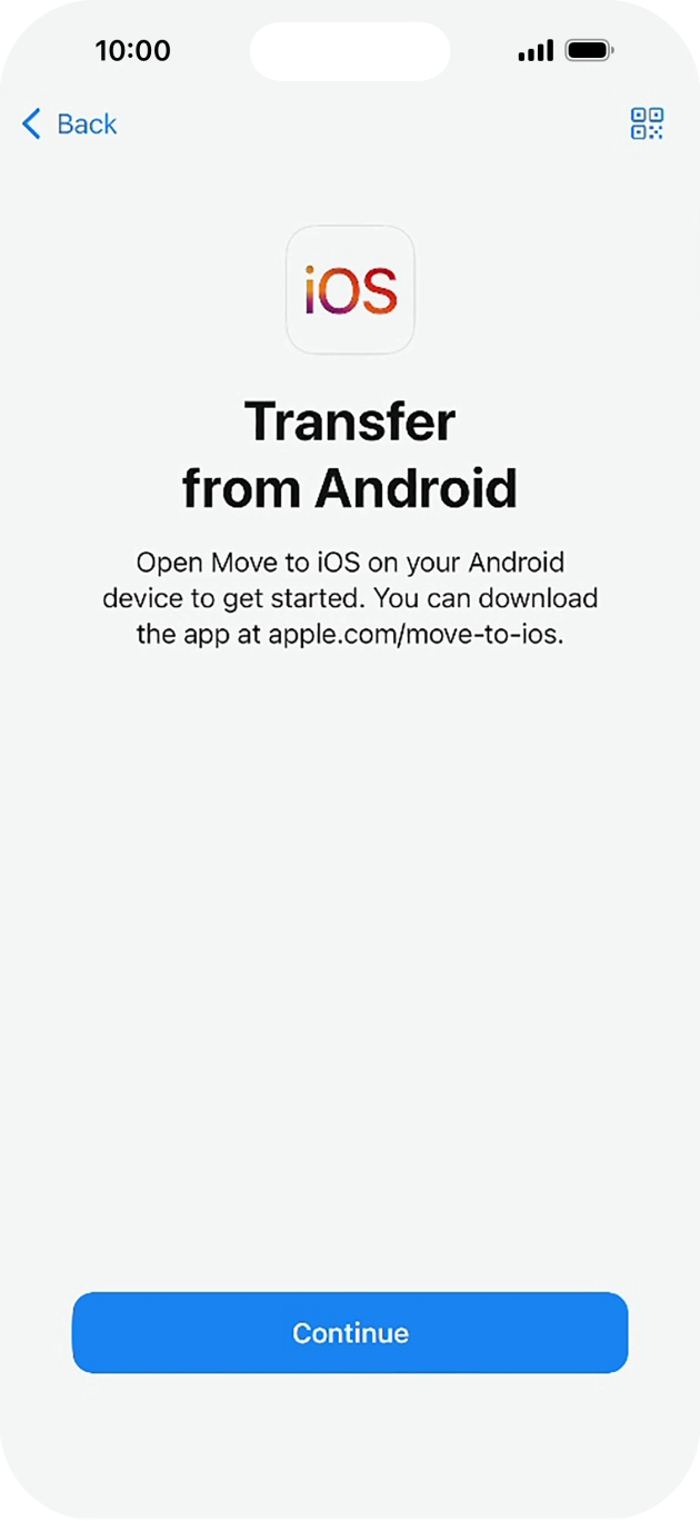 To transfer content to your phone, you need to install the app 'Move to iOS' on the Android phone. When the app is installed, press Continue.