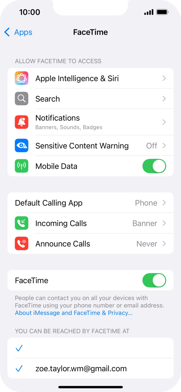 Press the indicator next to 'FaceTime' to turn the function on or off. Press the indicator next to 'FaceTime' to turn the function on or off.