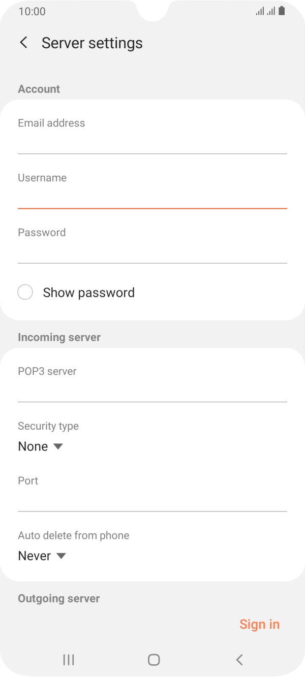 Press the field below 'POP3 server' and key in the name of your email provider's incoming server. Press the field below 'POP3 server' and key in the name of your email provider's incoming server.