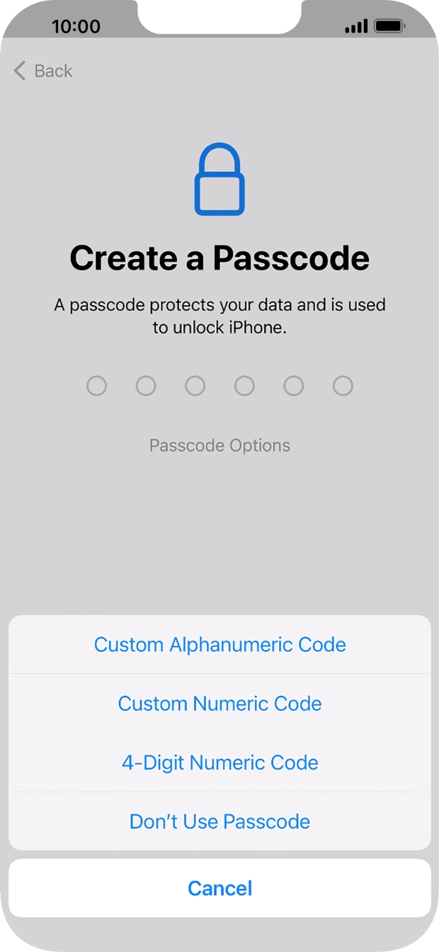 Follow the instructions on the screen to turn on the phone lock code or press Don't Use Passcode.
