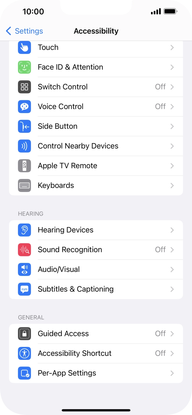 Press the required category below 'HEARING' and follow the instructions on the screen to select the required settings.
