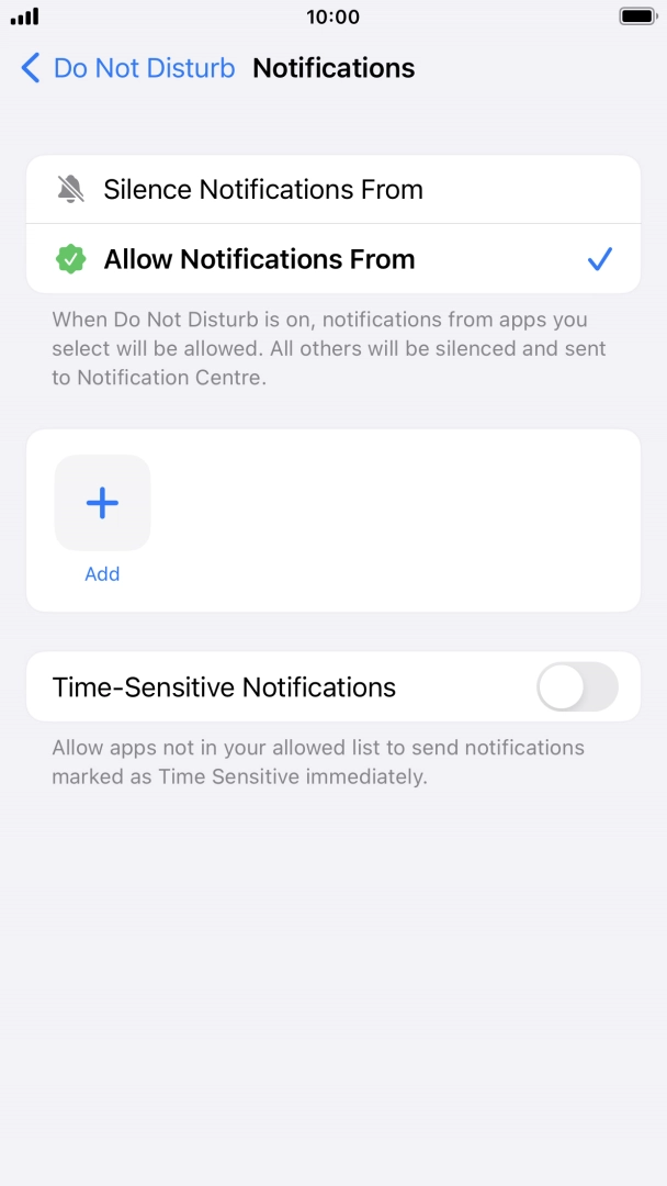 Press the indicator next to 'Time-Sensitive Notifications' to turn display of timed notifications on or off when Do Not Disturb is turned on. Press the indicator next to 'Time-Sensitive Notifications' to turn display of timed notifications on or off when Do Not Disturb is turned on.