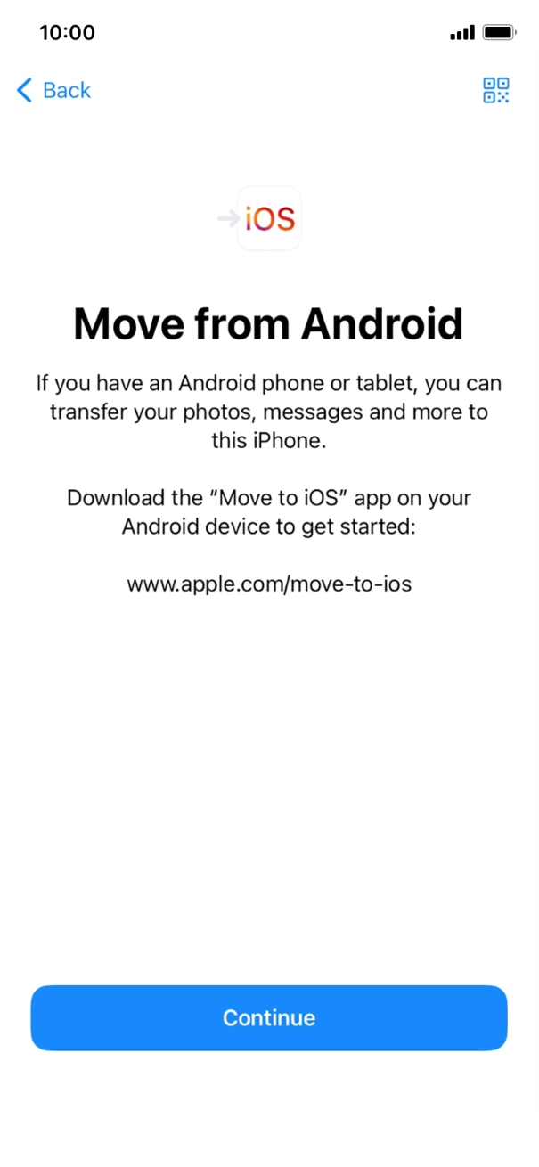 To transfer content to your phone, you need to install the app 'Move to iOS' on the Android phone. When the app is installed, press Continue.