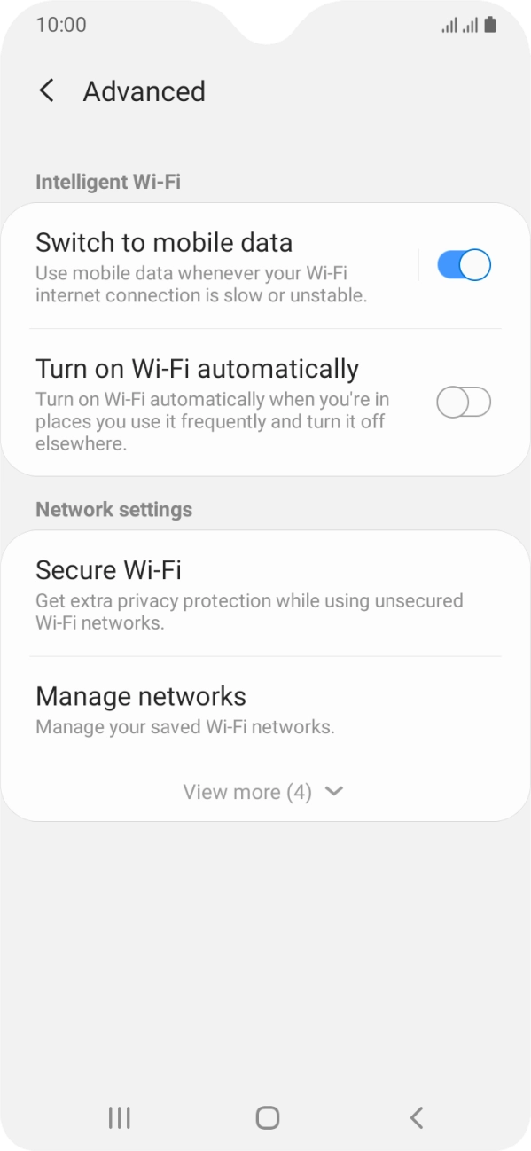 Press the indicator next to 'Switch to mobile data' to turn the function on or off. Press the indicator next to 'Switch to mobile data' to turn the function on or off.