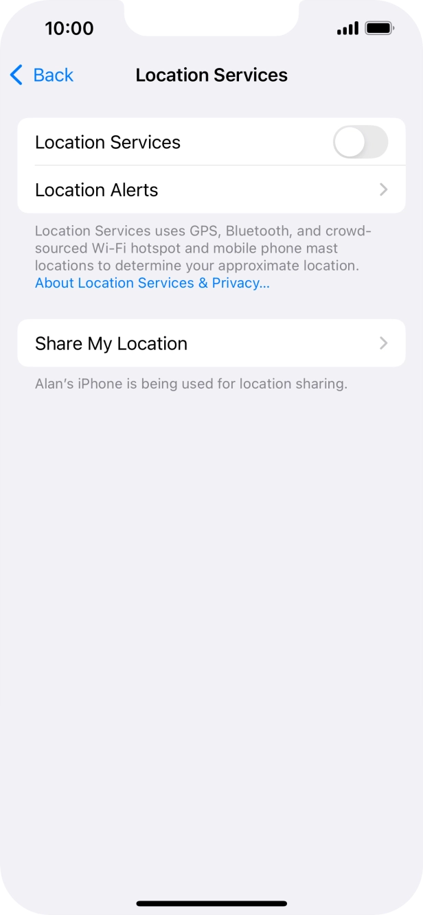 Press the indicator next to 'Location Services' to turn the function on or off. Press the indicator next to 'Location Services' to turn the function on or off.