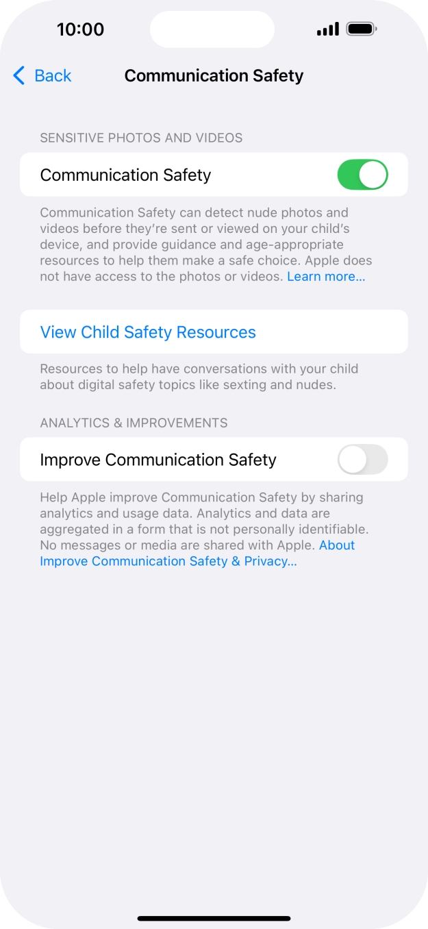 Press the indicator next to 'Communication Safety' to turn the function on or off. Press the indicator next to 'Communication Safety' to turn the function on or off.
