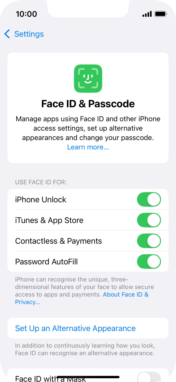 Press the indicators next to the required settings to turn them on or off.