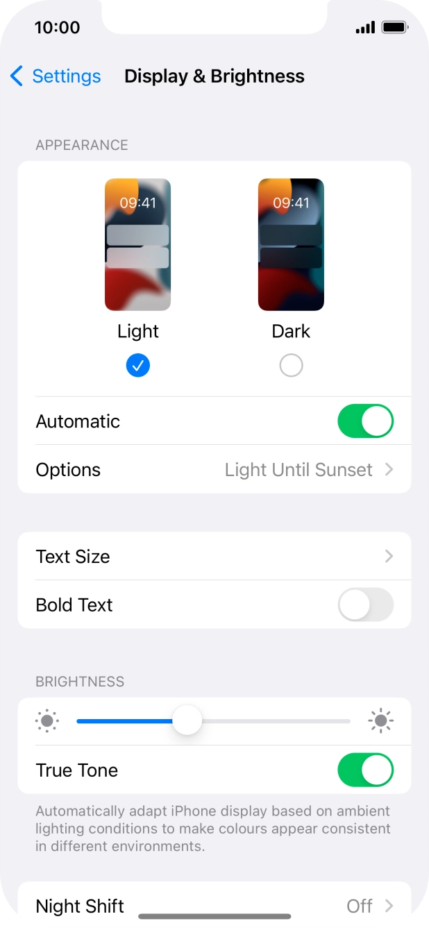 If you turn on the function, press Options and follow the instructions on the screen to select the required period of time for Dark Mode. If you turn on the function, press Options and follow the instructions on the screen to select the required period of time for Dark Mode.